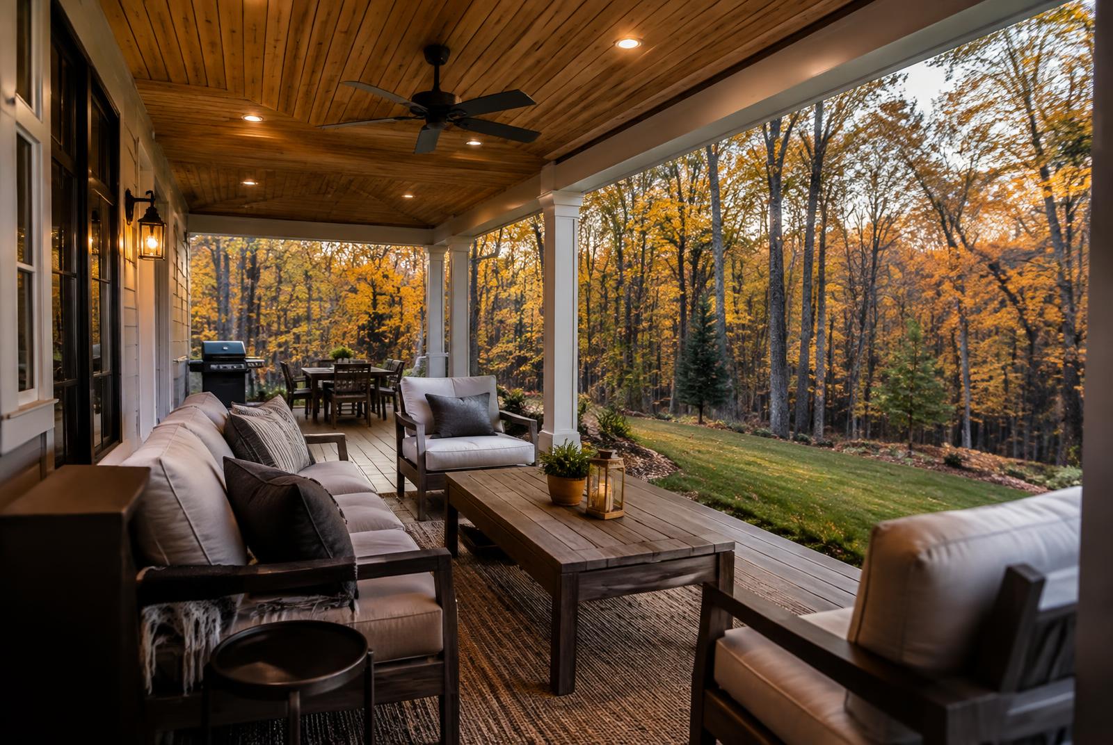 Covered porch overlooking autumn woods